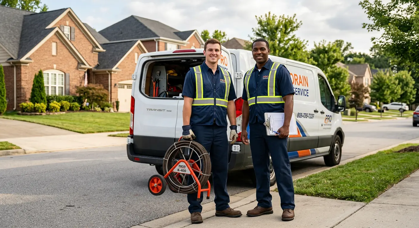 Sewer and drain service team with equipment ready for work in Stone Mountain